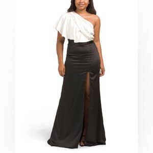 Ieena for MacDuggal One Shoulder Drape Colorblock Gown Black White Size 4